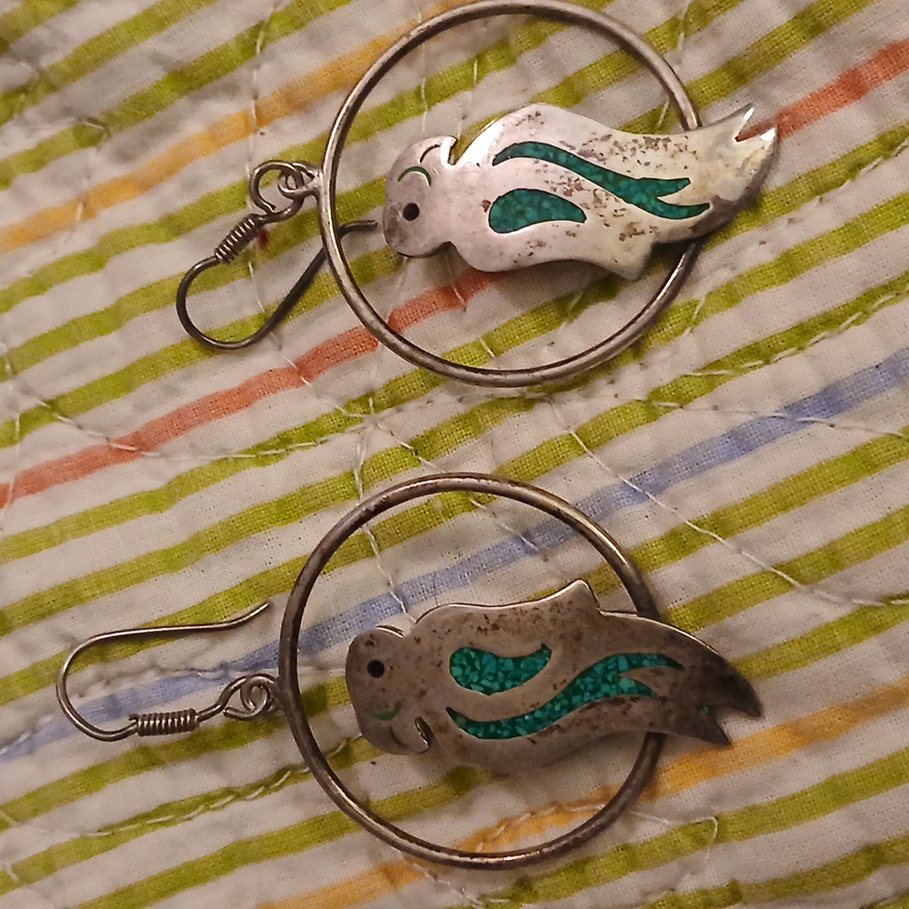 PAIR VINTAGE STERLING SILVER AND TURQUOISE PARROT EARRINGS